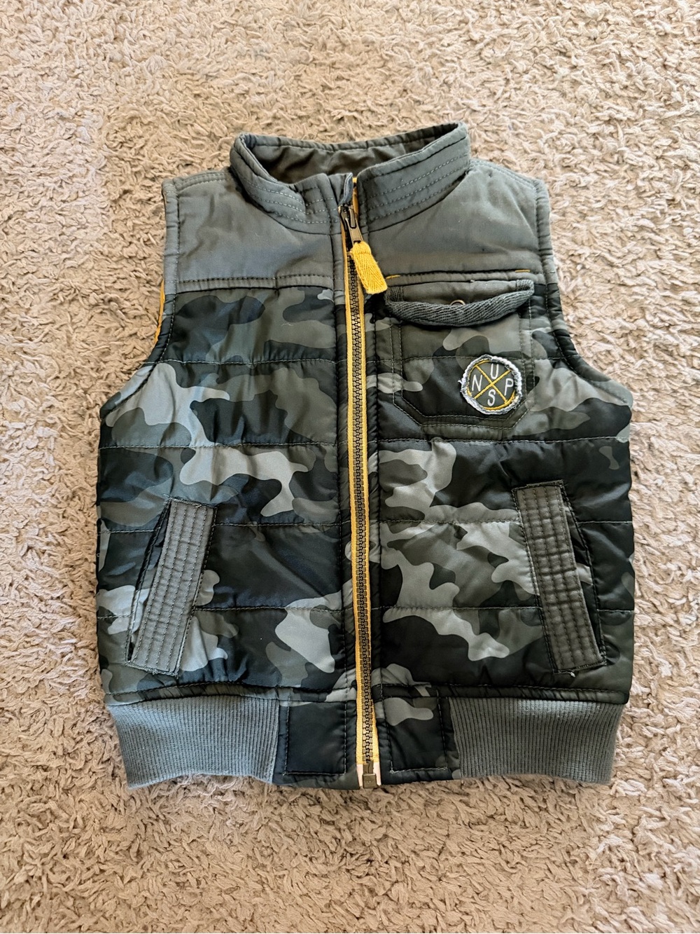 Oshkosh Toddler Camo Puffer Vest with Yellow Trim -3T
